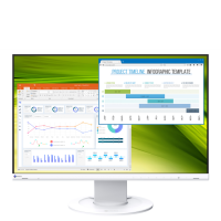 Biały monitor EIZO FlexScan EV2360 z wyświetlonymi wykresami PowerPoint oraz oknem przeglądarki z szablonem Project Timeline Infographic na zielonym tle.