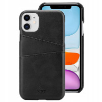 Czarne etui Crong Neat Cover do iPhone 11 z dwiema kieszeniami na karty, widoczne od strony plecków z wycięciem na aparat oraz przód telefonu z ekranem.