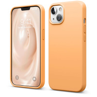 Pomarańczowe etui Elago Soft Silicon do iPhone 13, ukazane z przodu z widocznym ekranem oraz z tyłu z wycięciem na wyspę aparatów i bocznymi przyciskami.
