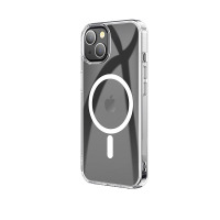 Przeźroczyste etui eSTUFF Magnetic Hybrid do iPhone 13 i 14 z widocznym pierścieniem MagSafe na pleckach oraz wycięciem na wyspę aparatów, ujęcie z boku.