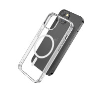Przeźroczyste etui eSTUFF Magnetic Hybrid do iPhone 13 i 14 z widocznym białym pierścieniem MagSafe, ustawione pod kątem obok czarnego smartfona Apple.