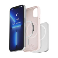 Etui PURO ICON Mag Cover w kolorze piaskowego różu do iPhone 14 Pro Max obok telefonu Apple z włączonym ekranem, widoczny pierścień magnetyczny MagSafe.