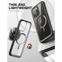 Czarne etui Supcase UB MagSafe do iPhone 14 Pro Max, prezentujące smukłą konstrukcję z widocznym pierścieniem magnetycznym i hasłem Thin and Lightweight.