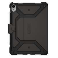 Czarne etui UAG Metropolis SE do iPad 10. generacji z widocznym wycięciem na aparat, zintegrowanym uchwytem na rysik Apple Pencil oraz logotypem UAG.