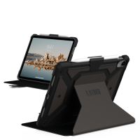 Czarne etui UAG Metropolis SE do iPad 10. generacji z podstawką, widoczne w dwóch ujęciach: od frontu z ekranem oraz od tyłu z miejscem na rysik Apple.