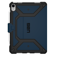 Granatowe etui UAG Metropolis SE do iPad 10. generacji z czarnymi wzmocnieniami narożników, widocznym aparatem, logiem UAG oraz rysikiem Apple Pencil.
