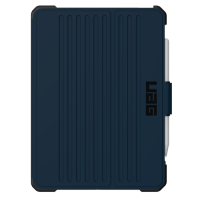 Granatowe etui UAG Metropolis SE do iPad 10. generacji z pionowymi żłobieniami, zamkniętą klapką, logo UAG oraz miejscem na rysik Apple Pencil z boku.