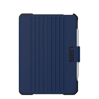 Granatowe etui UAG Metropolis SE do iPad Pro 11 i iPad Air z pionowymi żłobieniami, zamkniętą klapką oraz uchwytem na rysik Apple Pencil po prawej stronie.