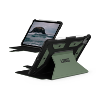 Oliwkowe etui UAG Metropolis SE do iPad Pro 11 i iPad Air z podstawką, widoczne z tyłu oraz w pozycji stojącej z tabletem Apple i rysikiem na górze.