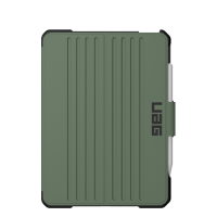 Oliwkowe etui UAG Metropolis SE do iPad Pro 11 i iPad Air z pionowymi żłobieniami, czarnymi narożnikami oraz zapięciem magnetycznym z logo UAG i rysikiem.