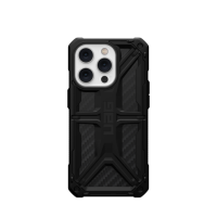 Czarne etui UAG Monarch z teksturą włókna węglowego do iPhone 14 Pro, widok na tylny panel z charakterystyczną wyspą aparatów i logotypem marki UAG.