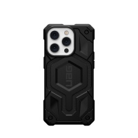 Czarne etui UAG Monarch z MagSafe do iPhone 14 Pro, widok na tył z charakterystyczną heksagonalną teksturą, wzmocnionymi narożnikami i wyspą aparatów.