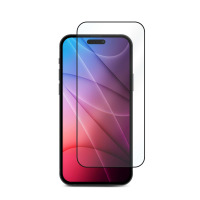 Szkło hartowane eSTUFF Full Cover do iPhone 14 Pro nałożone na ekran smartfona z kolorową tapetą, ukazujące precyzyjne dopasowanie ochronnej powłoki do