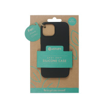 Czarne etui eSTUFF Silk-touch do iPhone 13 mini na ekologicznym opakowaniu z nadrukiem Easy Grip Silicone Case oraz informacją o przyjaznym dla środowiska.