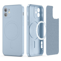 Błękitne etui TECH-PROTECT Icon MagSafe do iPhone 12 i 12 Pro w trzech ujęciach: złożone z tyłu, wnętrze z pierścieniem magnetycznym oraz warstwa ochronna.
