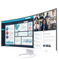 Biały monitor EIZO FlexScan EV3895 o przekątnej 37,5 cala z zakrzywionym ekranem wyświetlającym wielozadaniowy interfejs z wykresami oraz wideokonferencją.