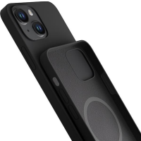 Grafitowe etui 3mk Hardy Case do iPhone 14 z widocznym wnętrzem wyłożonym materiałem, pierścieniem MagSafe oraz precyzyjnymi wycięciami na przyciski.