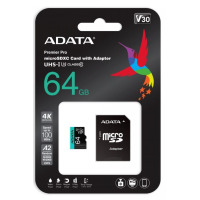 Karta microSDXC Adata Premier Pro z adapterem w opakowaniu detalicznym, widoczne logo marki, klasa prędkości V30 oraz grafika kolorowego kolibra na froncie.