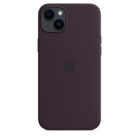 Fioletowe etui silikonowe Apple z MagSafe do iPhone 14 Plus, widok na tylną część obudowy z wycięciem na wyspę aparatów i centralnie umieszczonym logo.