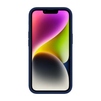 Niebieskie etui Incipio Duo do iPhone 13 i 14, prezentujące smartfon z włączonym kolorowym, abstrakcyjnym wygaszaczem ekranu w widoku od frontu.