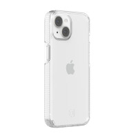 Przeźroczyste etui Incipio Duo do iPhone 14 Plus, ukazujące tylny panel urządzenia z widoczną wyspą aparatów, logo Apple oraz charakterystyczną fakturą boków.
