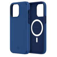Granatowe etui Incipio Duo MagSafe do iPhone 14 Pro Max, widok na zewnętrzną stronę z wycięciem na aparat oraz wnętrze z magnetycznym pierścieniem i logo.