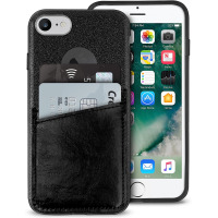 Czarne etui Puro Shine Pocket z kieszonką na kartę płatniczą do iPhone 7/8, prezentujące tył z wycięciem na aparat oraz przód z aktywnym ekranem telefonu.