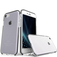 Czarne, przeźroczyste etui Zizo Pulse do iPhone 7 z geometrycznym wzorem na pleckach, prezentowane w trzech ujęciach ukazujących tył, przód oraz bok obudowy.