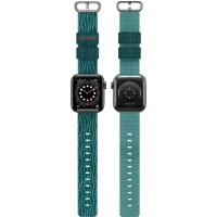 Pasek LifeProof Eco Friendly Trident do Apple Watch 44-49 mm w kolorze morskim, widok z przodu i z tyłu z logotypem marki na szlufce oraz zapięciem.