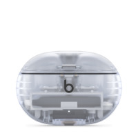 Przezroczyste etui ładujące słuchawek Beats Studio Buds Plus z widocznym wnętrzem konstrukcji, logiem Beats na środku oraz diodą stanu na dole.