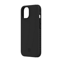 Czarne etui Incipio Grip do iPhone 14 Plus z charakterystycznym teksturowanym wzorem na krawędziach, widok z profilu ukazujący przyciski i wycięcie na aparat.