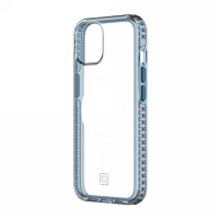 Przeźroczyste etui Incipio Grip do iPhone 14 Pro Max z niebieskimi krawędziami, widocznym pierścieniem MagSafe oraz wycięciem na wyspę aparatów.