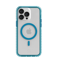 Przeźroczyste etui Incipio Grip do iPhone 14 Pro Max z niebieską ramką, widocznym pierścieniem magnetycznym MagSafe oraz potrójnym aparatem na pleckach.