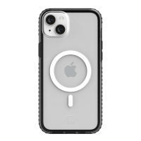 Czarne, przezroczyste etui Incipio Grip MagSafe do iPhone 14 Plus z widocznym okręgiem magnetycznym na pleckach oraz wycięciem na wyspę aparatów.