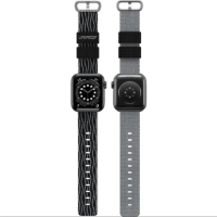 Pasek LifeProof do Apple Watch 44-49 mm w czarny wzór, prezentowany z przodu i z tyłu wraz z kopertą zegarka oraz szarym wariantem kolorystycznym paska.