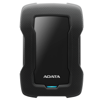 Czarny dysk zewnętrzny ADATA HD330 o wzmocnionej, teksturowanej obudowie z błyszczącym panelem środkowym i świecącą na niebiesko diodą LED u dołu urządzenia.