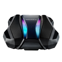 Czarny dysk zewnętrzny ADATA HD770G o geometrycznej, futurystycznej obudowie z centralnym panelem podświetlanym kolorami RGB i widocznym logo ADATA.