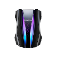 Czarny dysk zewnętrzny ADATA HD770G o futurystycznym kształcie z podświetlanym panelem RGB w kształcie litery V oraz centralnie umieszczonym logo marki.