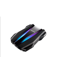 Czarny dysk zewnętrzny ADATA HD770G o futurystycznym kształcie z podświetlanymi na niebiesko i fioletowo pasami RGB oraz wyraźnym logo producenta na obudowie.