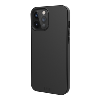 Czarne etui UAG Outback Bio do iPhone 12 Pro Max, widok na tylny panel z wycięciem na potrójny aparat oraz wytłoczonym logo marki w dolnej części obudowy.