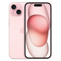 Apple iPhone 15 w kolorze różowym, prezentowany jednocześnie od strony plecków z wyspą aparatów oraz od frontu z widocznym wyświetlaczem i wcięciem Dynamic