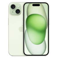 Apple iPhone 15 w kolorze zielonym, widok na tył z podwójnym aparatem oraz przód z wyświetlaczem i charakterystycznym wycięciem Dynamic Island.