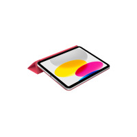 Tablet iPad 10. generacji z kolorową tapetą na ekranie, umieszczony w arbuzowym etui Apple Smart Folio ustawionym w pozycji podstawki pod kątem.