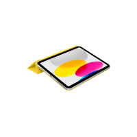 Żółte etui Apple Smart Folio do iPada 10. generacji w pozycji podstawki, ukazujące tablet z kolorową tapetą na ekranie pod kątem z boku.