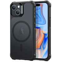 Czarne etui ESR Air Armor z MagSafe do iPhone 15, ukazujące tył z wyspą aparatów Camera Guard oraz przód telefonu z kolorową tapetą na ekranie.