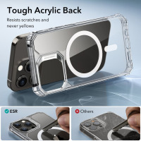 Przezroczyste etui ESR Air Armor MagSafe do iPhone 15 Pro z odpornym na zarysowania tyłem, prezentujące porównanie trwałości z innymi pokrowcami.