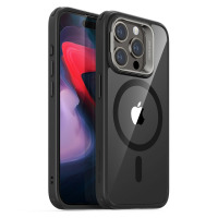 Przezroczyste etui ESR Classic Kickstand z czarną ramką do iPhone 15 Pro Max, ukazujące wyspę aparatów z napisem Camera Guard oraz pierścień MagSafe.