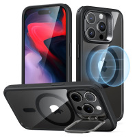 Etui ESR Classic Kickstand MagSafe do iPhone 15 Pro Max w kolorze czarnym z przezroczystymi pleckami, widoczna wyspa aparatów z napisem Camera Guard.