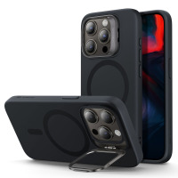 Czarne etui ESR Cloud Kickstand z MagSafe do iPhone 15 Pro, prezentujące wyspę aparatów z osłoną Camera Guard oraz rozłożoną metalową podstawkę w kształcie