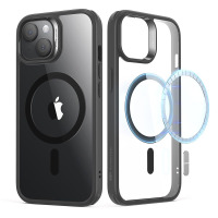 Etui ESR Hybrid Case z MagSafe do iPhone 15 w kolorze czarnym, prezentowane w dwóch widokach z pierścieniem magnetycznym i wycięciem na aparat Camera Guard.